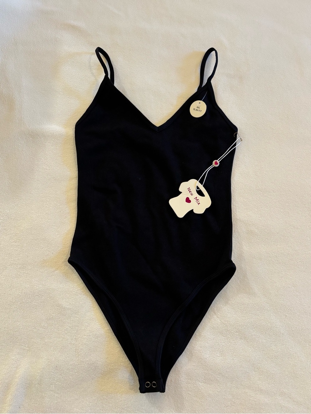 New Mix Black Ribbed V-Neck Bodysuit NWT M/L